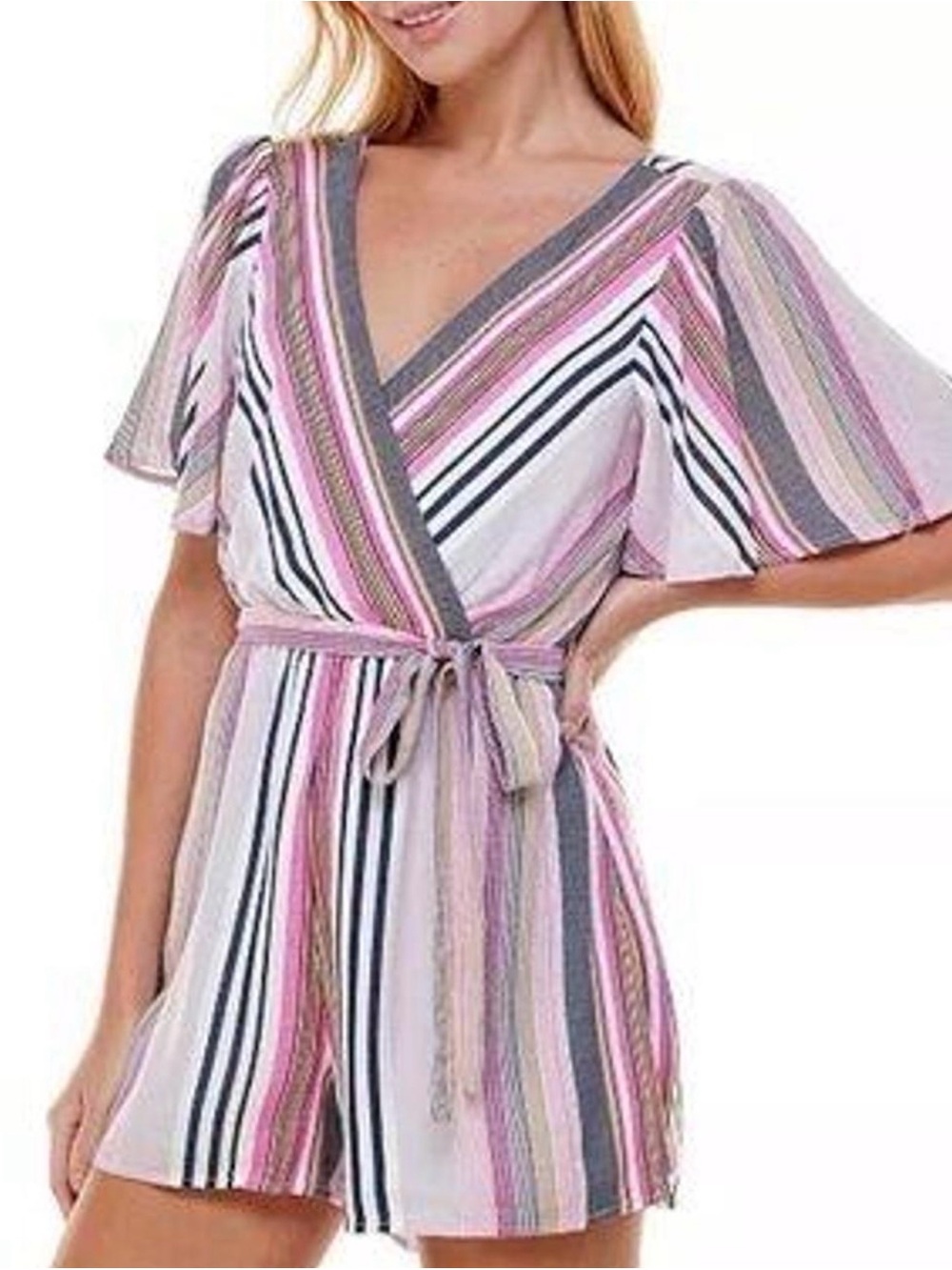 Trixxi Striped Pink & Gray Wrap Romper with Tie Waist